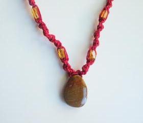 Red Hemp Macrame Necklace with Jasper Pendant, ready to ship.