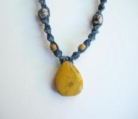 Yellow Jasper on Blue Hemp Necklace, adjustable
