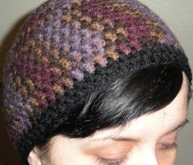 hand crochet beanie in purple, plum, neutral veriegated