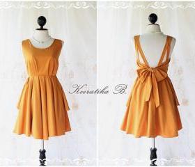 A Party V Shape Style - Cocktail Prom Party Dinner Wedding Night Dress Mustard Yellow Full Lined Deep Back Bow Tie Sexy Charming Looks