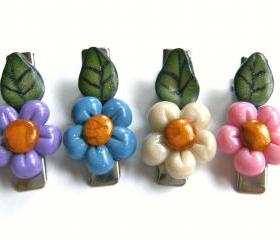 4 little colorful spring flowers hair clips in polymer clay