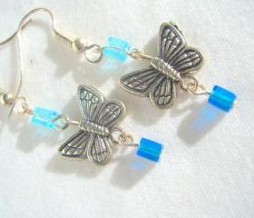 Blue Butterfly Earrings Silver Ocean Sky Cube Chandelier Dangle