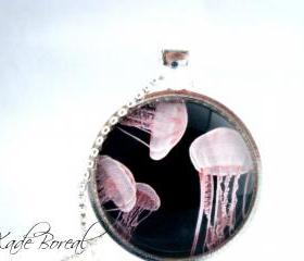 Pink Jellyfish glass pendant necklace-Deep ocean series