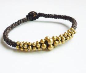 Cluster of Gold Bracelet - Mix of Brass Beads woven with Black Wax Cord Bracelet/Bangle - Gift under 15