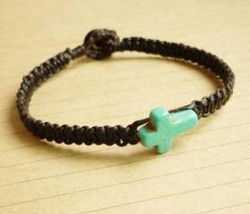 The Blue Cross - Blue Turquoise Color Cross Magnesite Stone Bead Bracelet - Cross Wax Cord Bracelet / Wristband/Bangle - Customized Bracelet