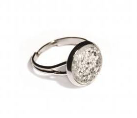 Sparkling silver ring - glass cabochon and glitters