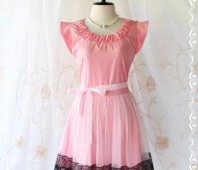 Lady In Tokyo - Sweet Pink Girly Dress Pucker Round Neck Two Layers Skirt With Tutu and Black Lace Party Wedding Cocktail Dinner Dress