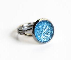 Sparkling turquoise ring - glass cabochon and glitters