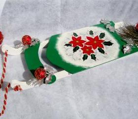 Holiday Ornament Green Sled with Poinsettias Christmas Decoration
