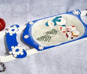 Holiday Ornament Blue Sled with Snowmen Christmas Decoration