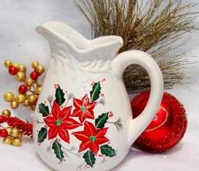 Christmas Ornament Ceramic Pitcher With Poinsettias