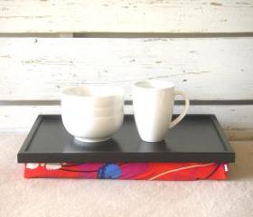 Laptop Lap Desk or Breakfast serving Tray - Black with Red, Blue, Mint, Purple and Ivory flower print, Jersey Pillow