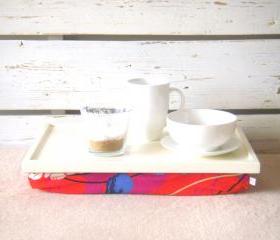 Laptop Lap Desk or Breakfast serving Tray - Off White with Red, Blue, Mint, Purple and Ivory flower print, Jersey Pillow
