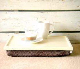 Wooden Laptop Lap Desk or Breakfast serving Tray - Off White with Brown irregulary dotted, slighty shinny polyester fabric- Custom Order