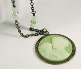 mom and baby cameo necklace green with antiqued brass