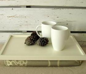  Breakfast serving bed table or laptop lap desk with pillow- Off White with creme jaquard fabric