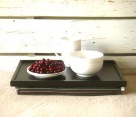 Wooden Laptop Lap Desk or Breakfast serving Tray - Black with Grey, mint and pale red striped polyester fabric- Custom Order