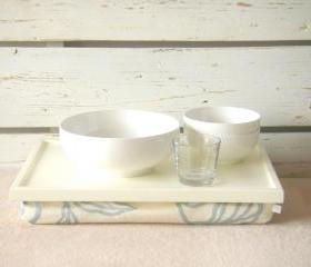  Laptop Lap Desk or Breakfast serving Tray - Off White with Creme cotton, linen mix fabric with silver Abstract flower print- Custom Order
