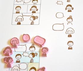Hand Carved Rubber Stamp / set of 8 / comics