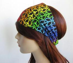 Rainbow Peace Sign Headband Women's Hippie Head Wrap Colorful Cotton Print Psychedelic Elastic Bandana