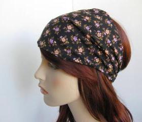 Black Floral Headband Women's Boho Gypsy Wrap Hair Bandana Cotton Fabric Traditional Head Covering