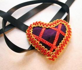 Purple Satin Heart Eyepatch Red/Gold Trim With Black Ribbon Ties