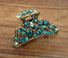 Teal Blue Rhinestone Wavy Filigree Hair Claws