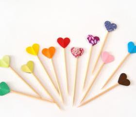 15 Party Picks Cupcake Toppers - Rainbow Colorful Hearts