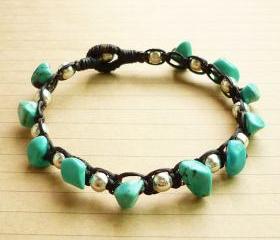 The Silver Ball Bead and Blue Turquoise Stone with Black Wax Cord Bracelet - Customized Bracelet - Gift under 15