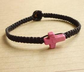 The Pink Cross Bracelet - Pink Cross Magnesite Stone Bead Bracelet - Cross Wax Cord Bracelet / Wristband - Customized Bracelet - Gift under 10