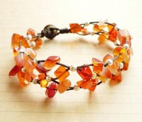 The Net of Carnelian - Orange Carnelian Stone and Silver Plated Bead with Black Wax Cord Bracelet - Customized Bracelet 