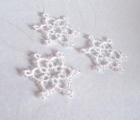 Set Of Three Small White, Silver Beaded Christmas Decorations