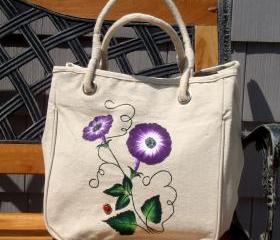 Natural Tote Bag with Purple Flowers and Ladybug Charm