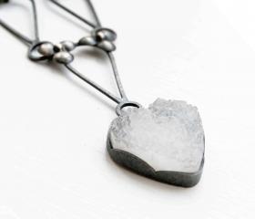 Oxidized Sterling Silver Necklace. White Druzy Heart Quartz. Black. OOAK. Metal Naïf 2 Necklace. Handmade by Maria Goti Joyas.