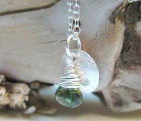 Tourmaline charm necklace, forest green tourmaline silver disc 
