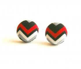 Chevron Fabric Covered Button Stud Earrings - Black and Red