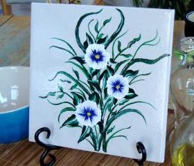 Tile Trivet/ Spoon Rest With Blue Flowers