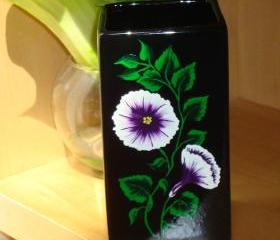 Black Vase/ Catch All with Purple and White Flowers