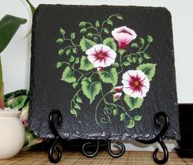 Black Trivet/ Spoon Rest With Burgundy and White Flowers