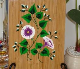 Painted Bamboo Trivet With Flowers and Bright Green Leaves
