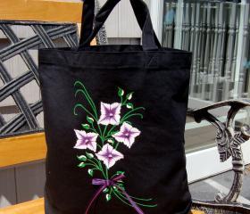 Black Tote Bag With Flowers and Ribbon