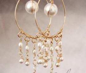 Bridal chandelier Earrings, Pearl Drop Gold Earrings, Wire wrapped Unique Handmade Jewelry