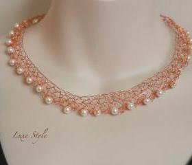 Pearl Necklace, Copper Wire necklace, Wire wrapped fine jewelry, 