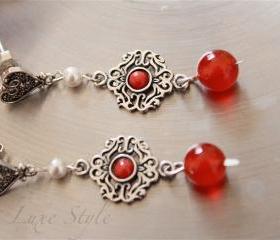 Dangle Earrings, gemstone Earrings, Coral Red cabochon and Carnelian beads, Pearl Drops, Sterling Silver Jewelry