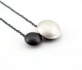 Oxidized - Texturized Sterling Silver Pendant. Black and White. Oval Link Chain. DOTS II Pendant. Handmade by Maria Goti Joyas