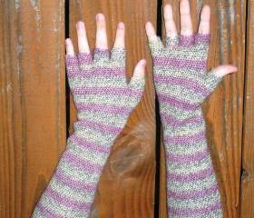 Extra long half finger gloves, crochet arm warmers in pink heather stripes, ready to ship.
