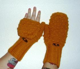 Convertible crochet fingerless glove mittens in Mustard Yellow wool blend yarn, ready to ship.