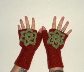 Wool Blend Crochet Fingerless Gloves Wrist Warmers in Paprika with embellishments, ready to ship.