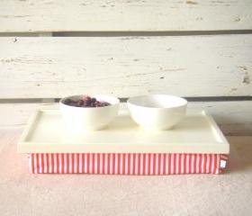 Laptop Lap Desk or Breakfast serving Tray - Off White with White and Orange Striped Lycra Pillow