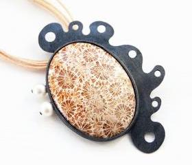 Oxidized Sterling Silver Pendant. Fossilized Coral. Cultured Pearls. OOAK. C. MARINAS XI Pendant. Handmade by Maria Goti Joyas.